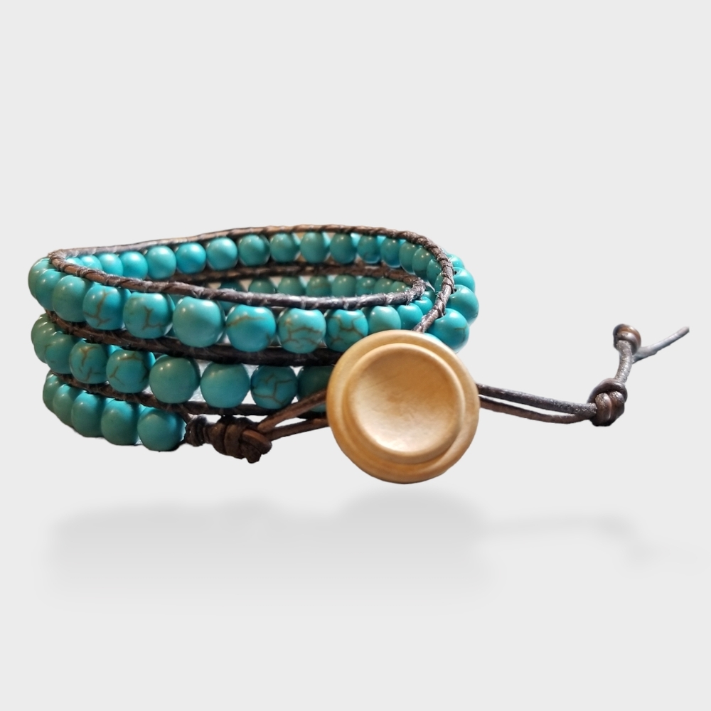 Turquoise Howlite and Leather 3 Wrap Bracelet, OS